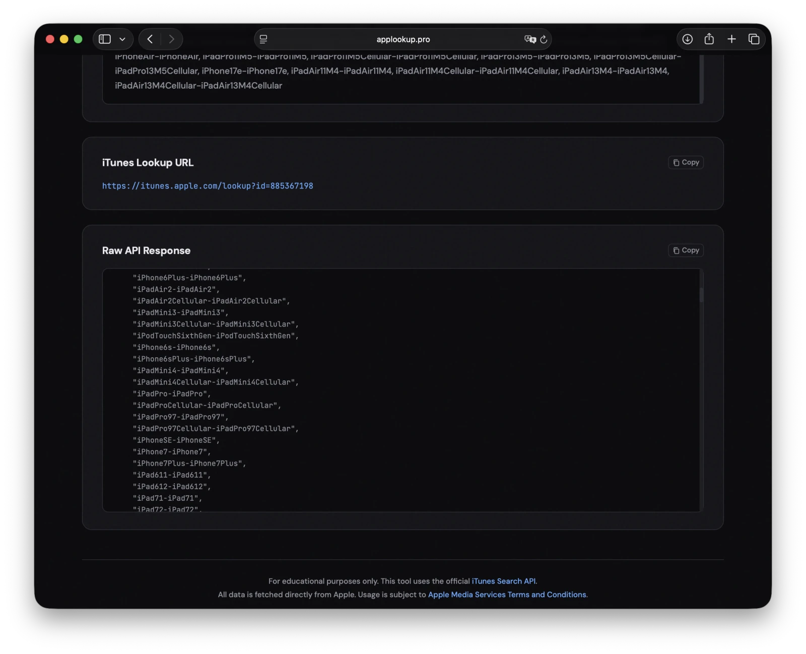 View and copy the raw iTunes Search API JSON response