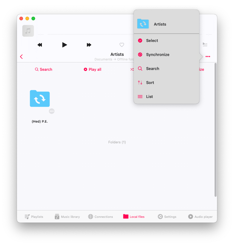 Options menu for offline folder