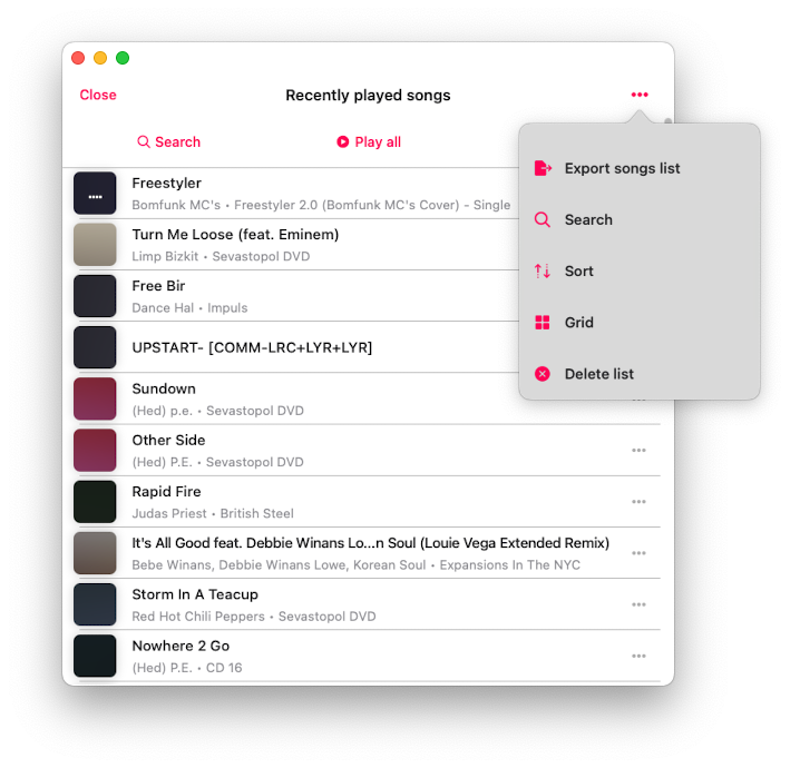 audio player recents screen