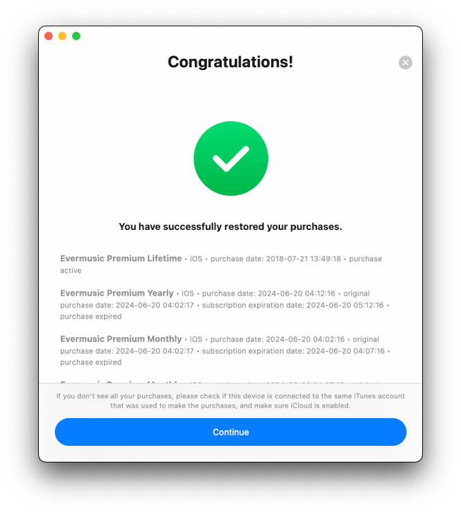 Restore purchases screen