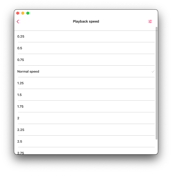 Playback Speed screen