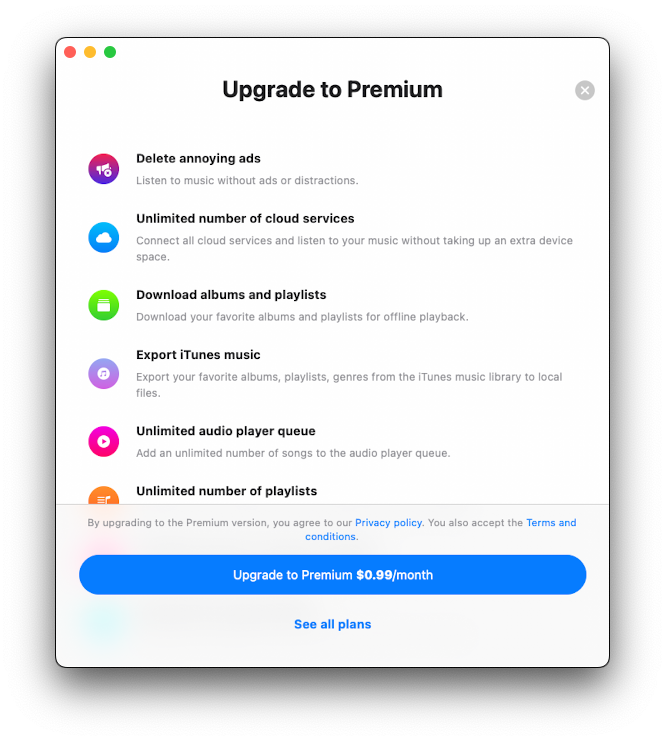 evermusic upgrade to premium screen