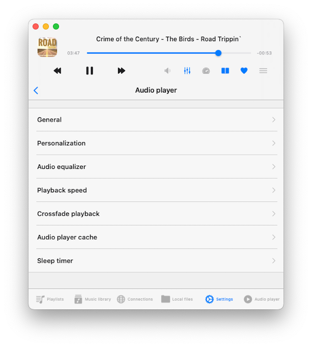 evermusic audio player settings screen