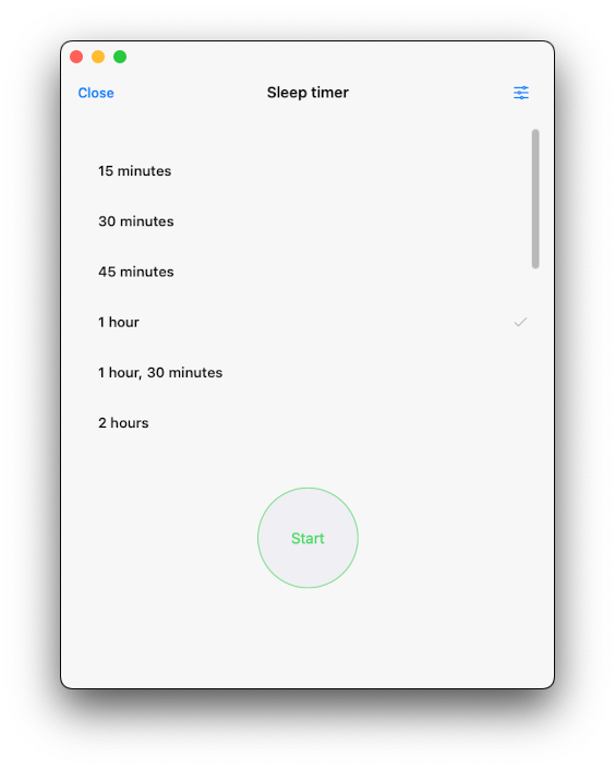 Sleep timer settings screen