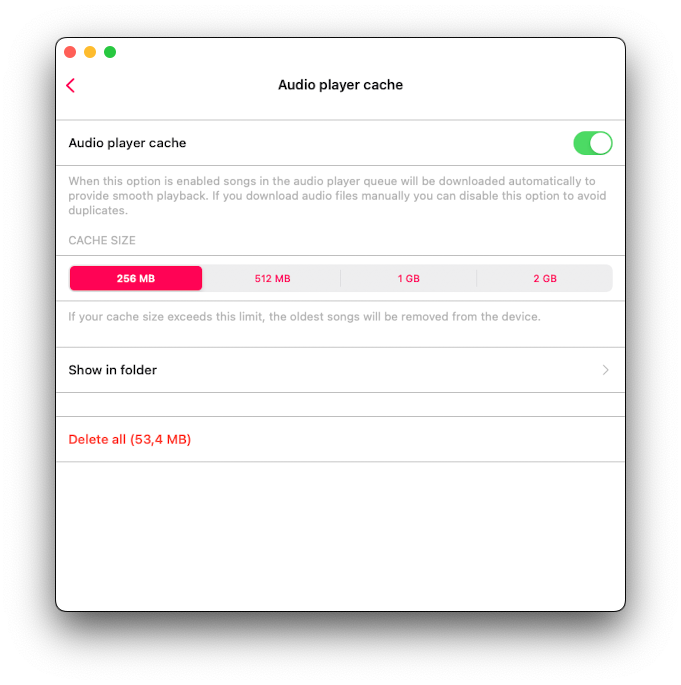 Audio Player Cache screen