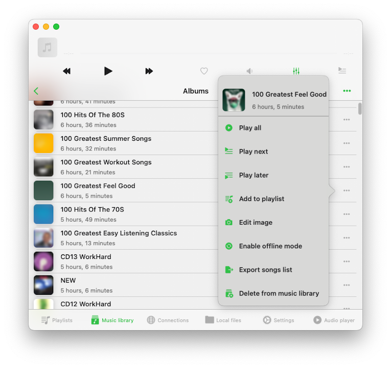 Songs Collection Options Menu