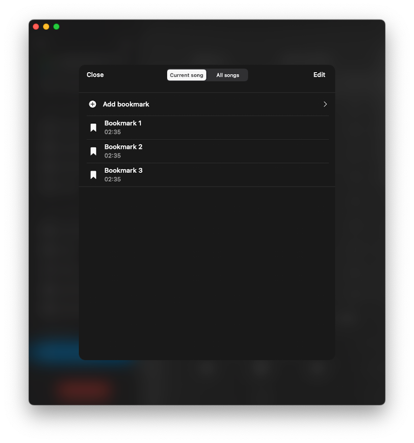 audio bookmarks screen