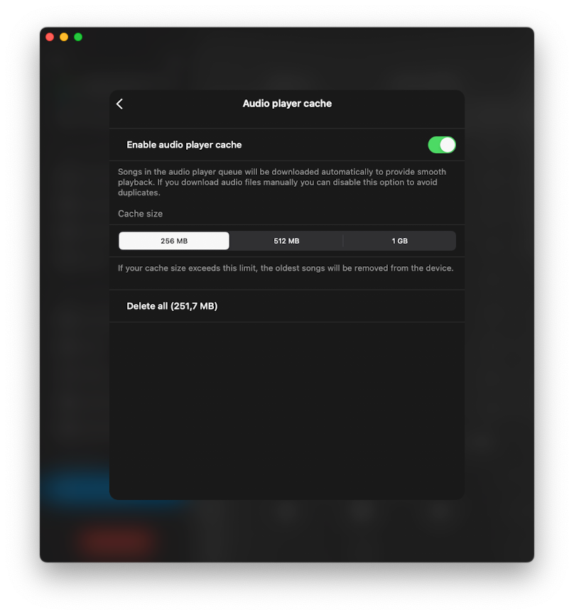 audio player cache settings screen