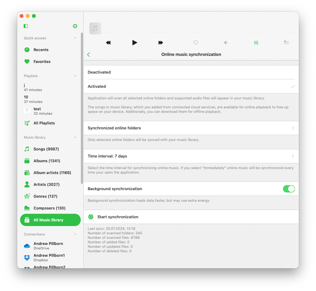 Online Music Synchronization screen