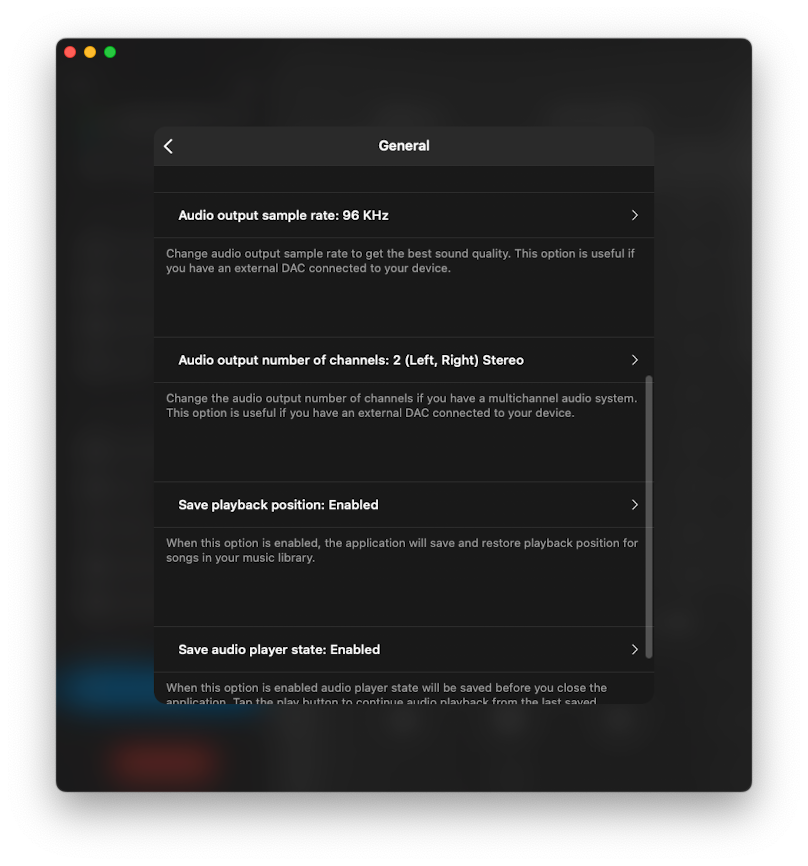 general player settings screen