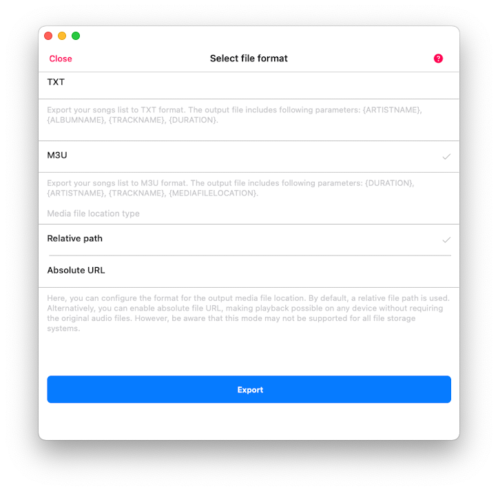 select export file format screen