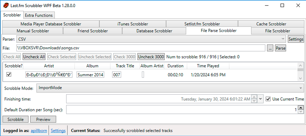 Successfully scrobbled selected tracks.