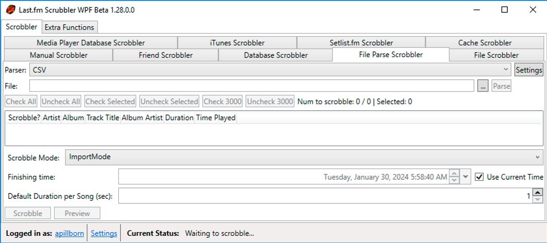 Open the ‘File Parse Scrobbler’ tab to start importing CSV file from the Evermusic app.