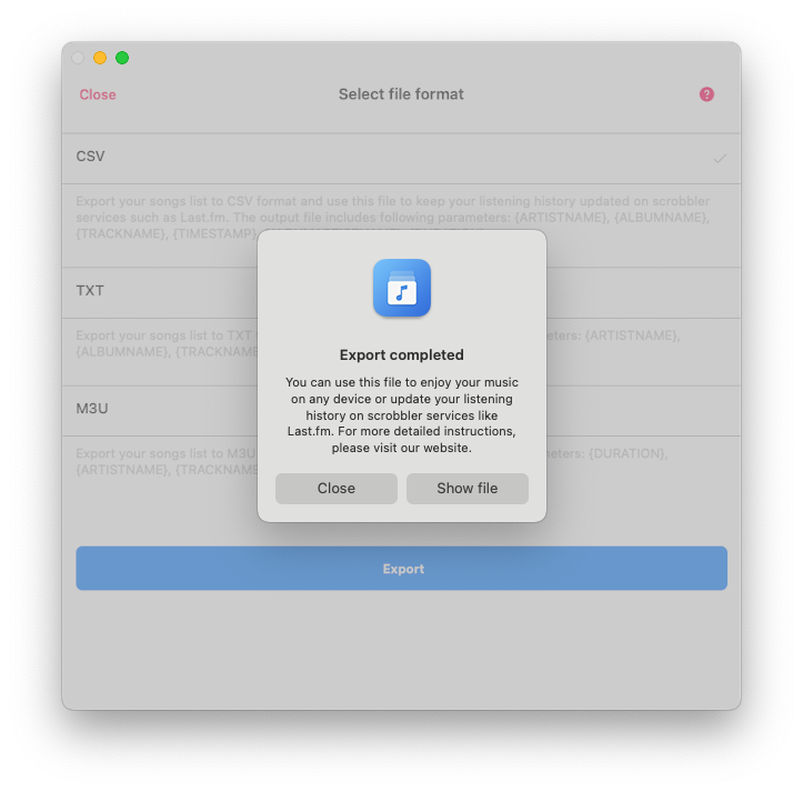 export completed screen