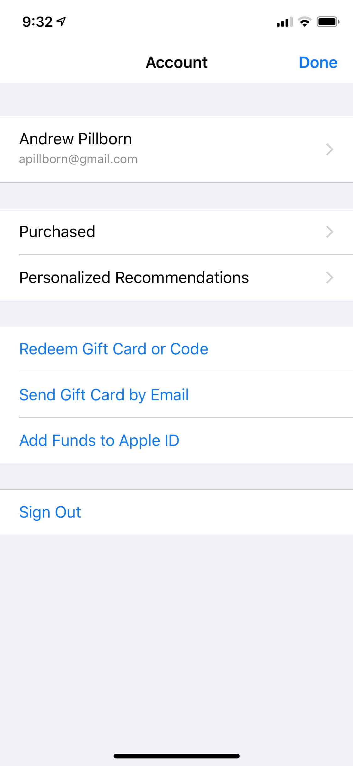 Account Settings Screen for App Store iPhone