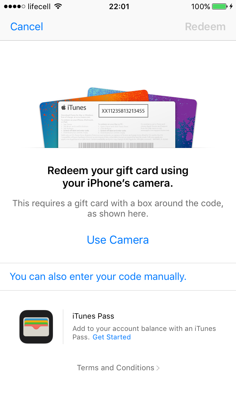 Redeem Code Screen on iOS 10