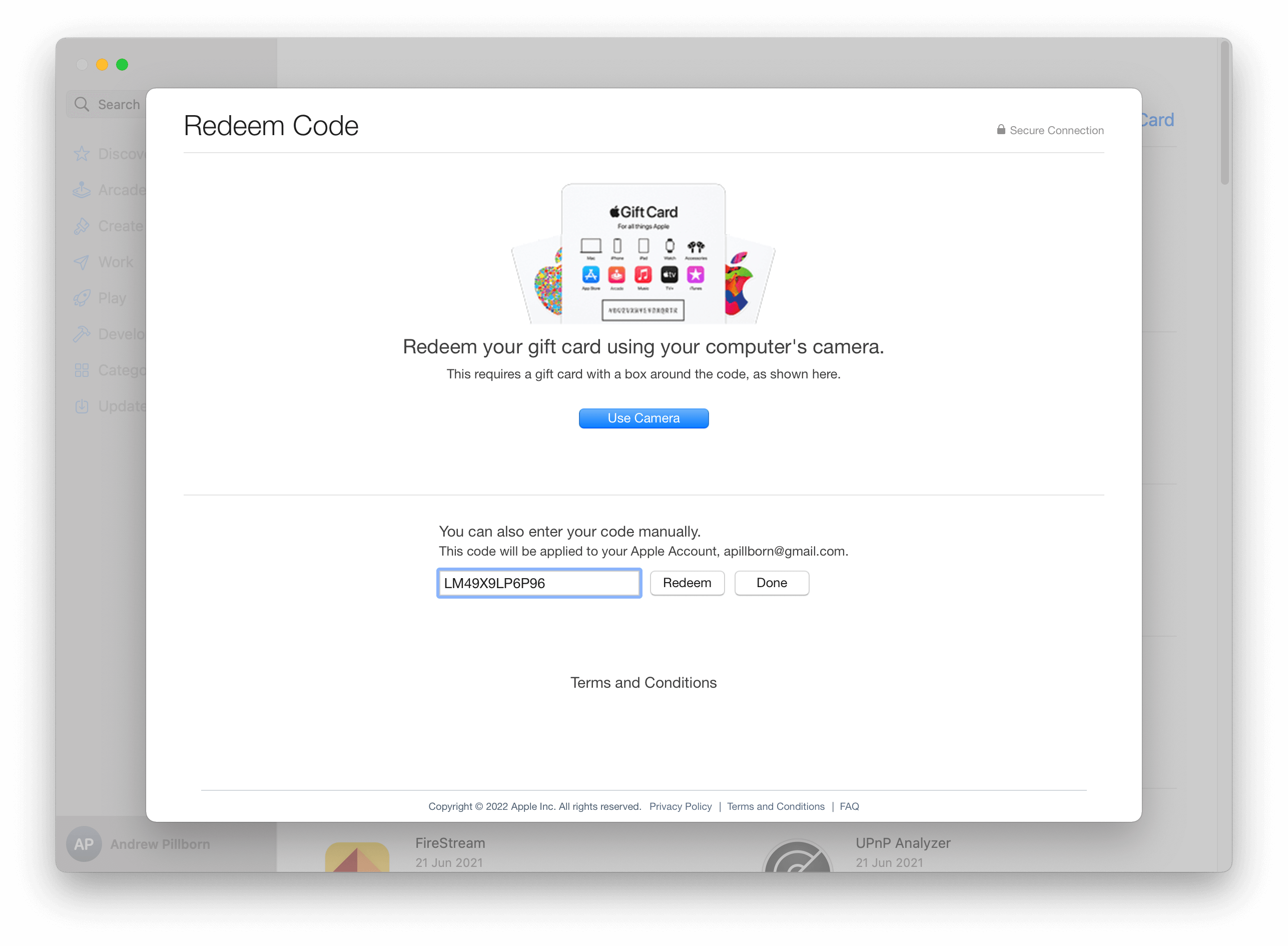 Redeem code screen on Mac