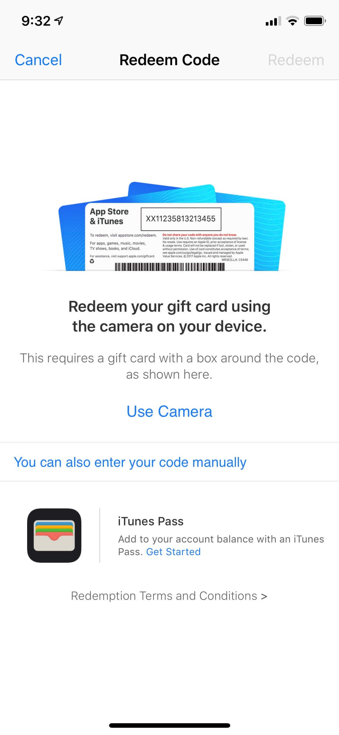 Redeem Code Screen for iPhone