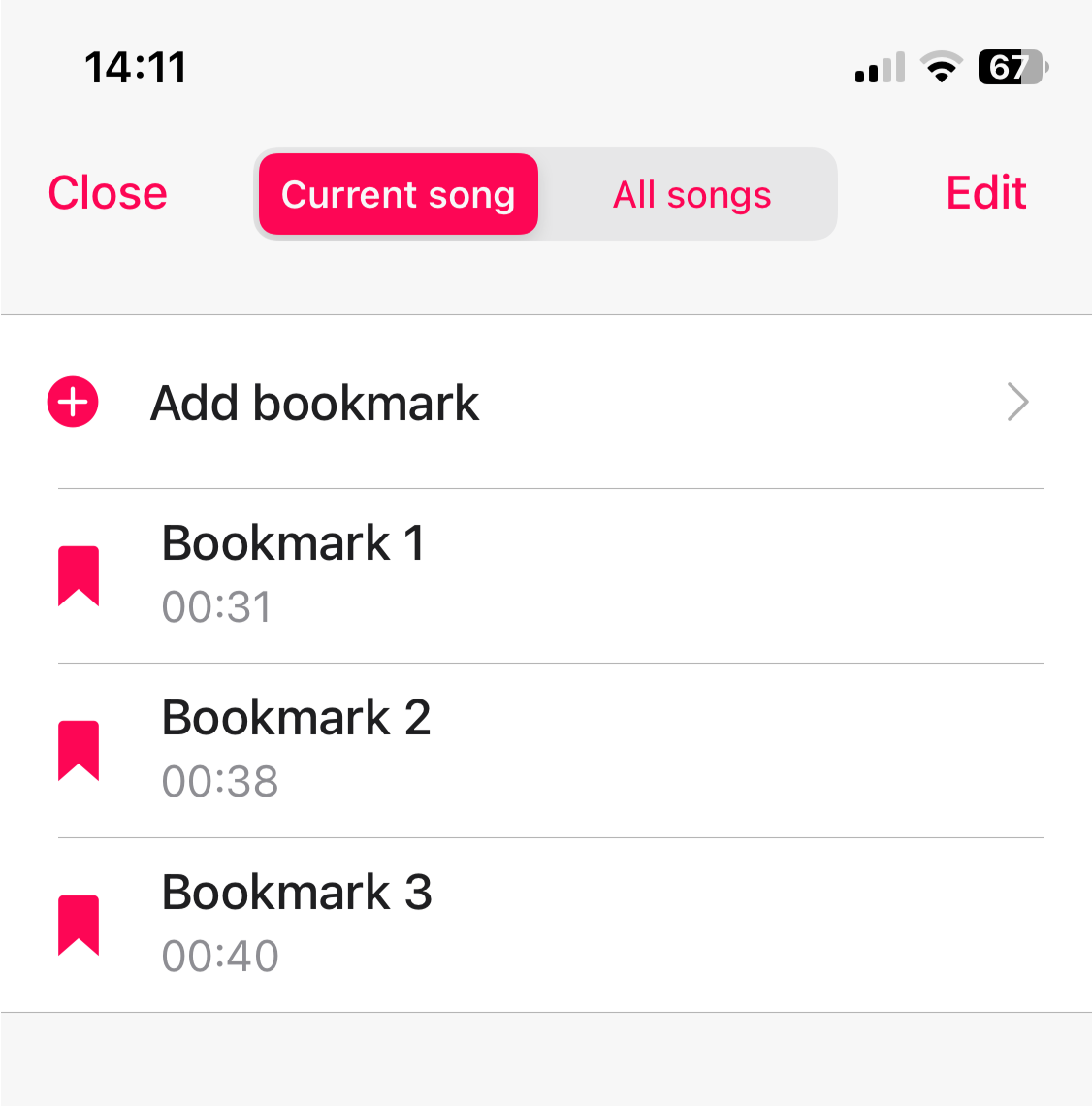 audio bookmarks screen