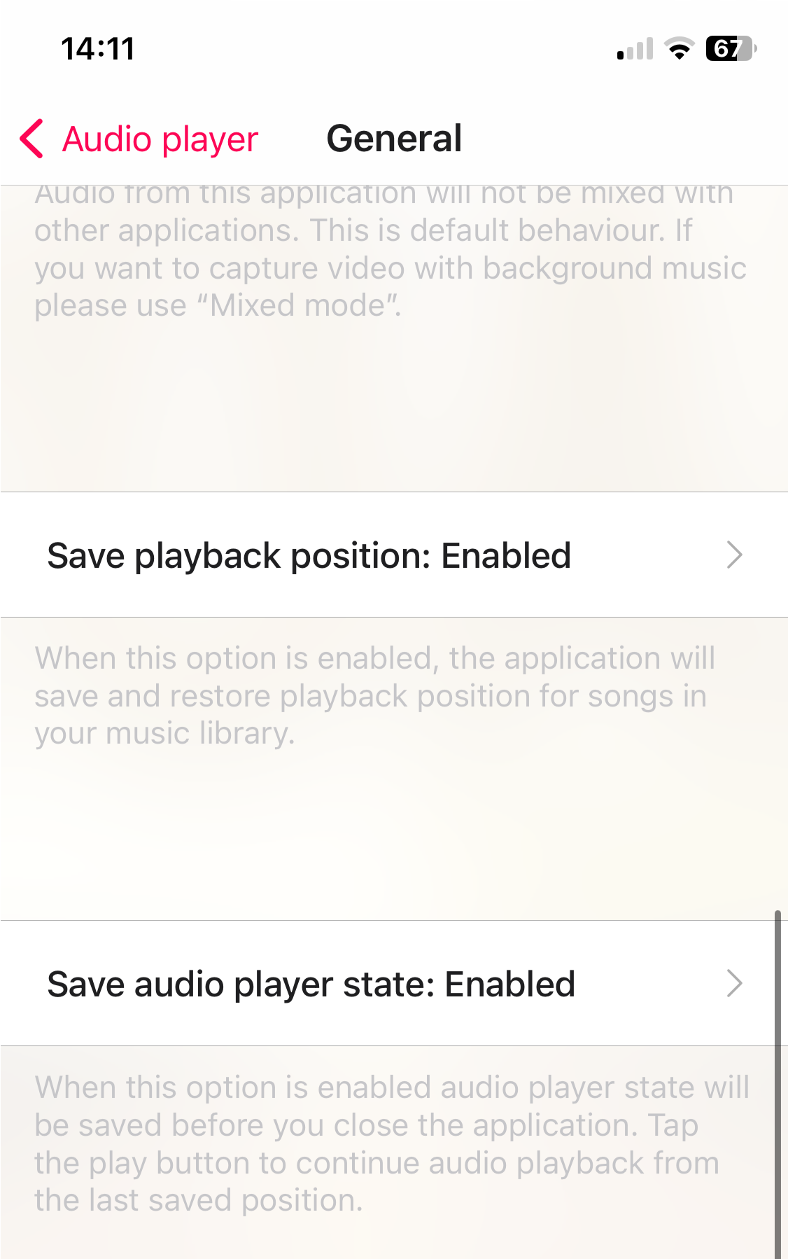 audio player settings screen