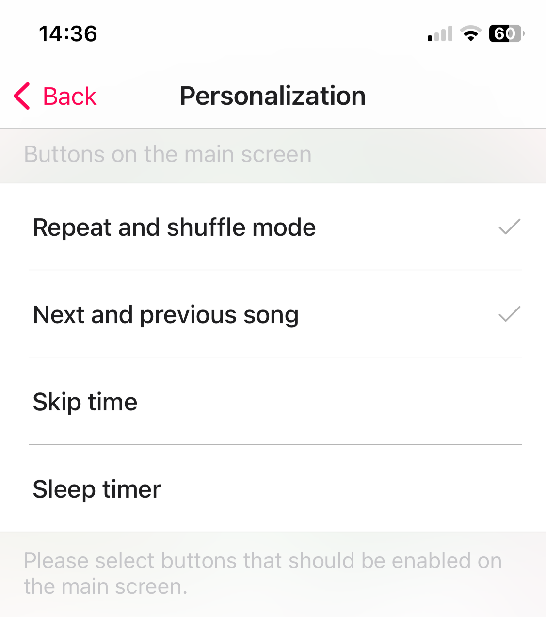 audio player personalization screen