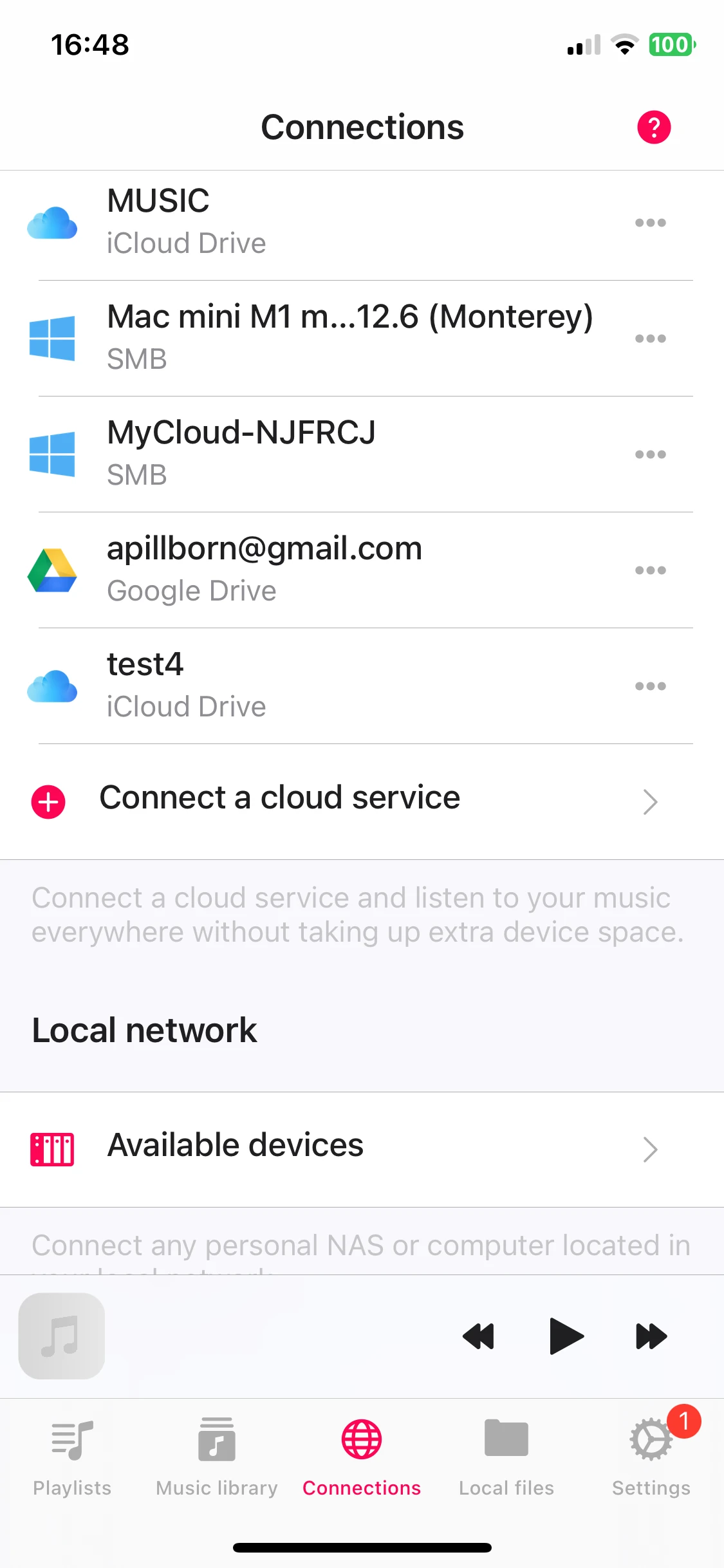 connected icloud drive folder in the connections screen