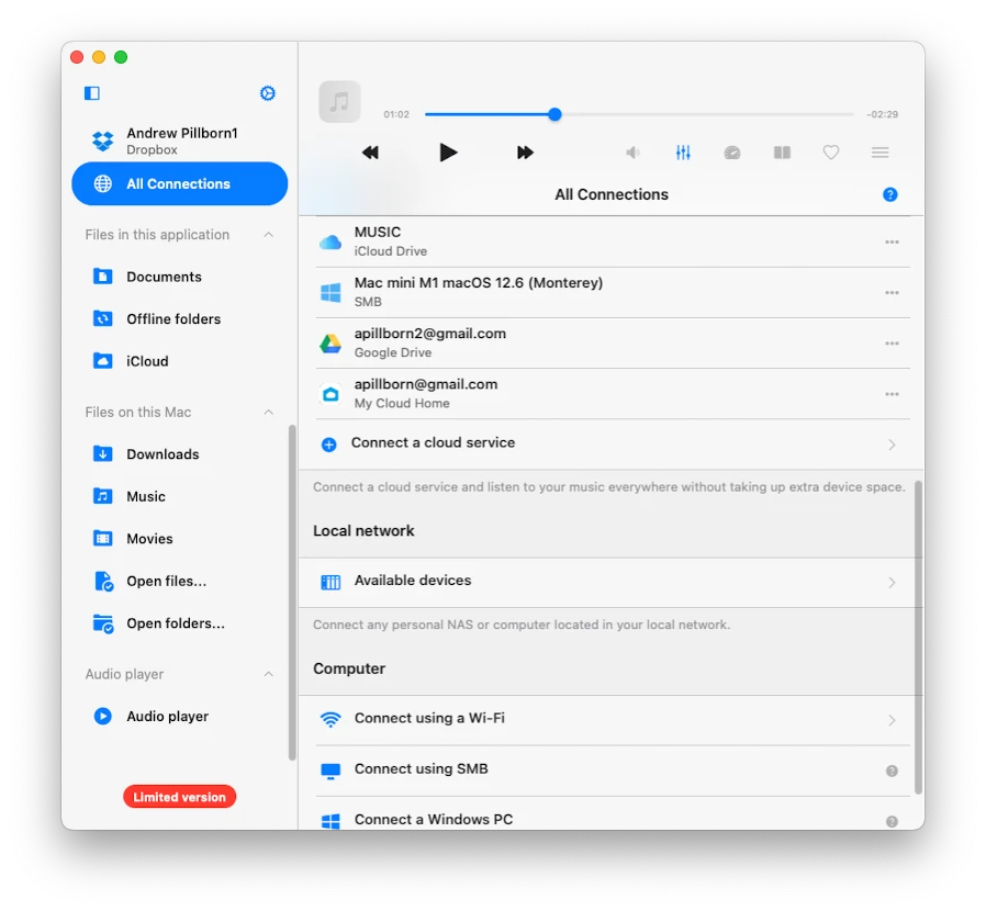 all connections screen with connected icloud drive folder