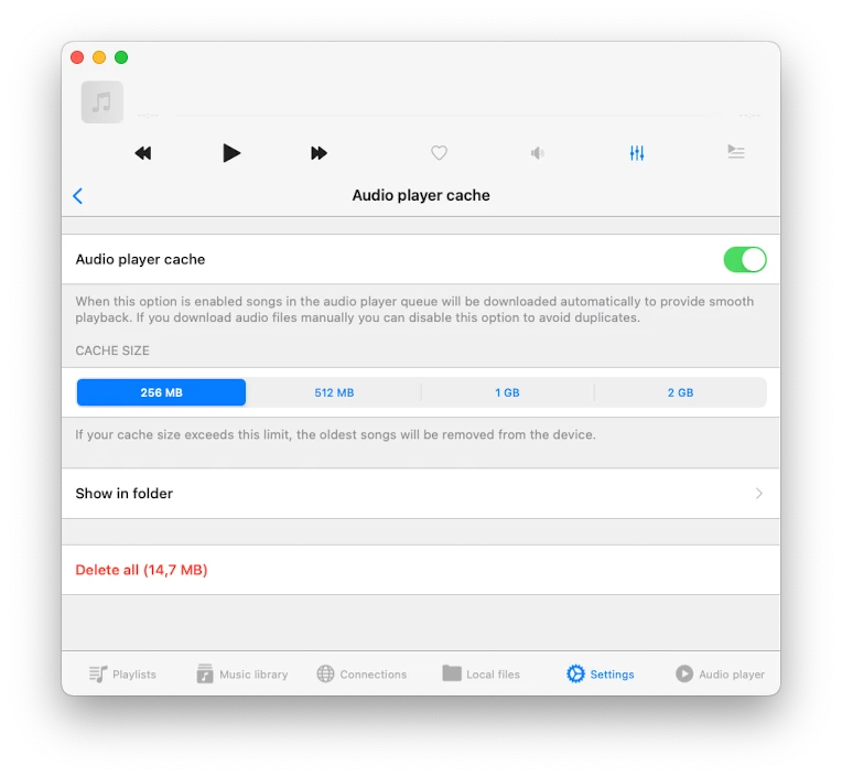 audio player cache enable in settings