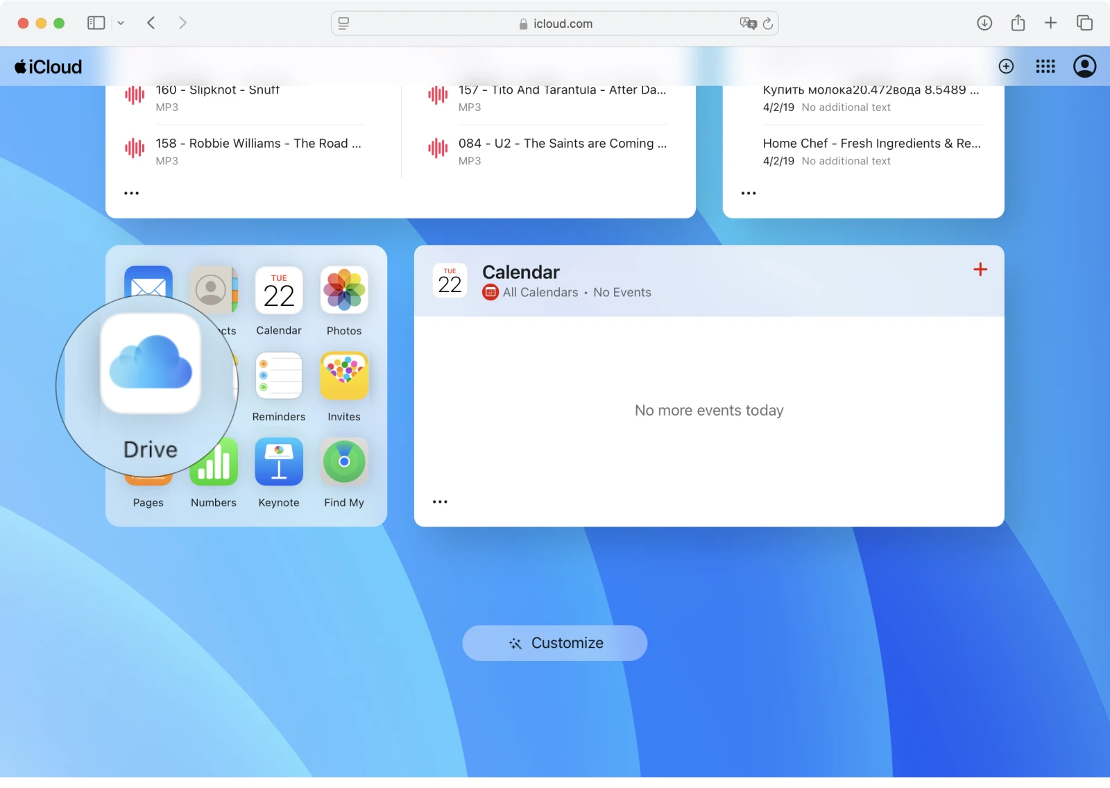 iCloud Drive shortcut bubble