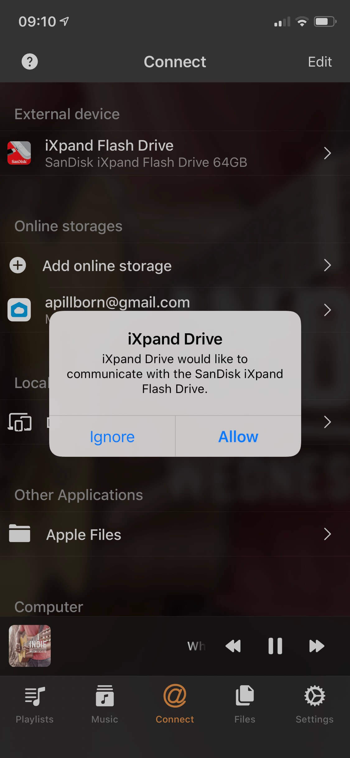 Evermusic with iXpand Drive: Connect Screen