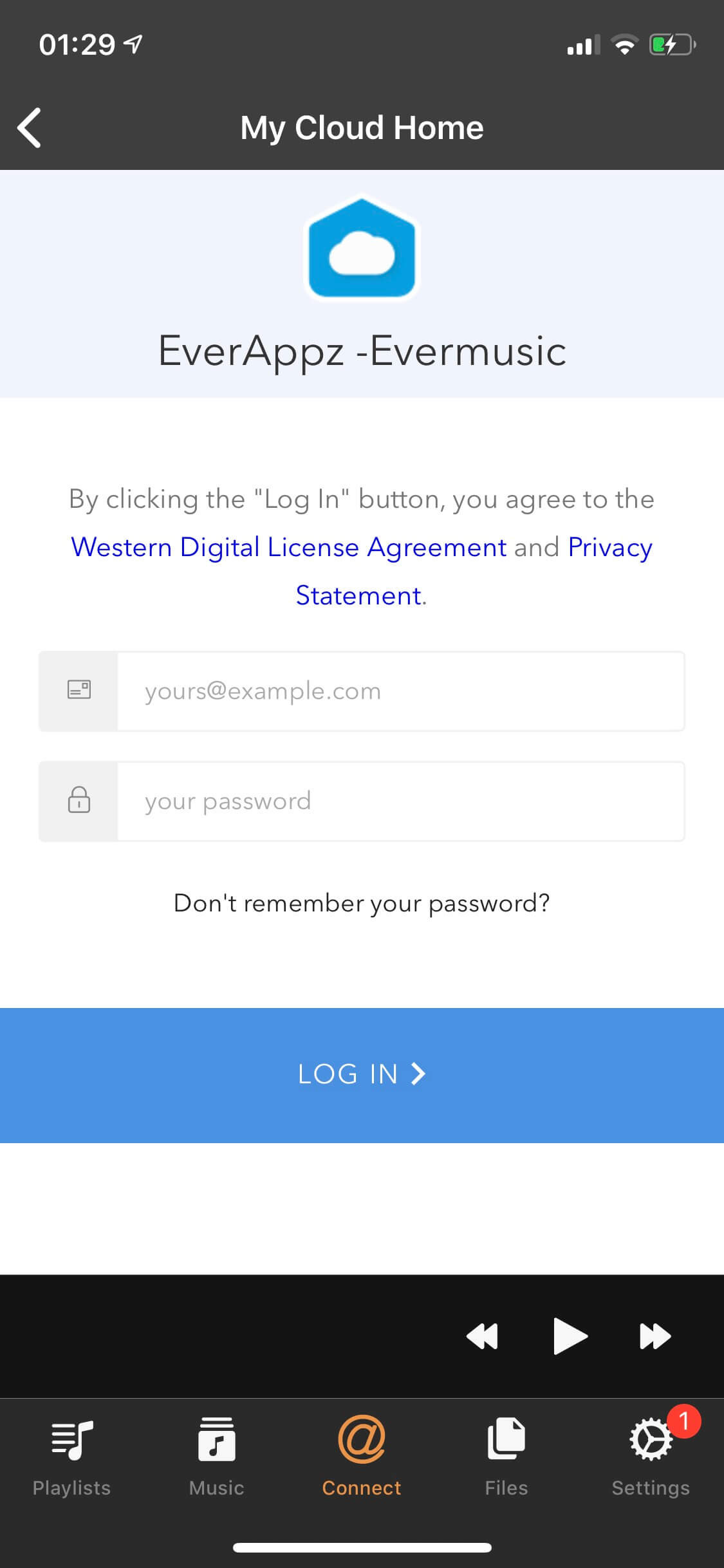 Evermusic + My Cloud Home: Enter Credentials