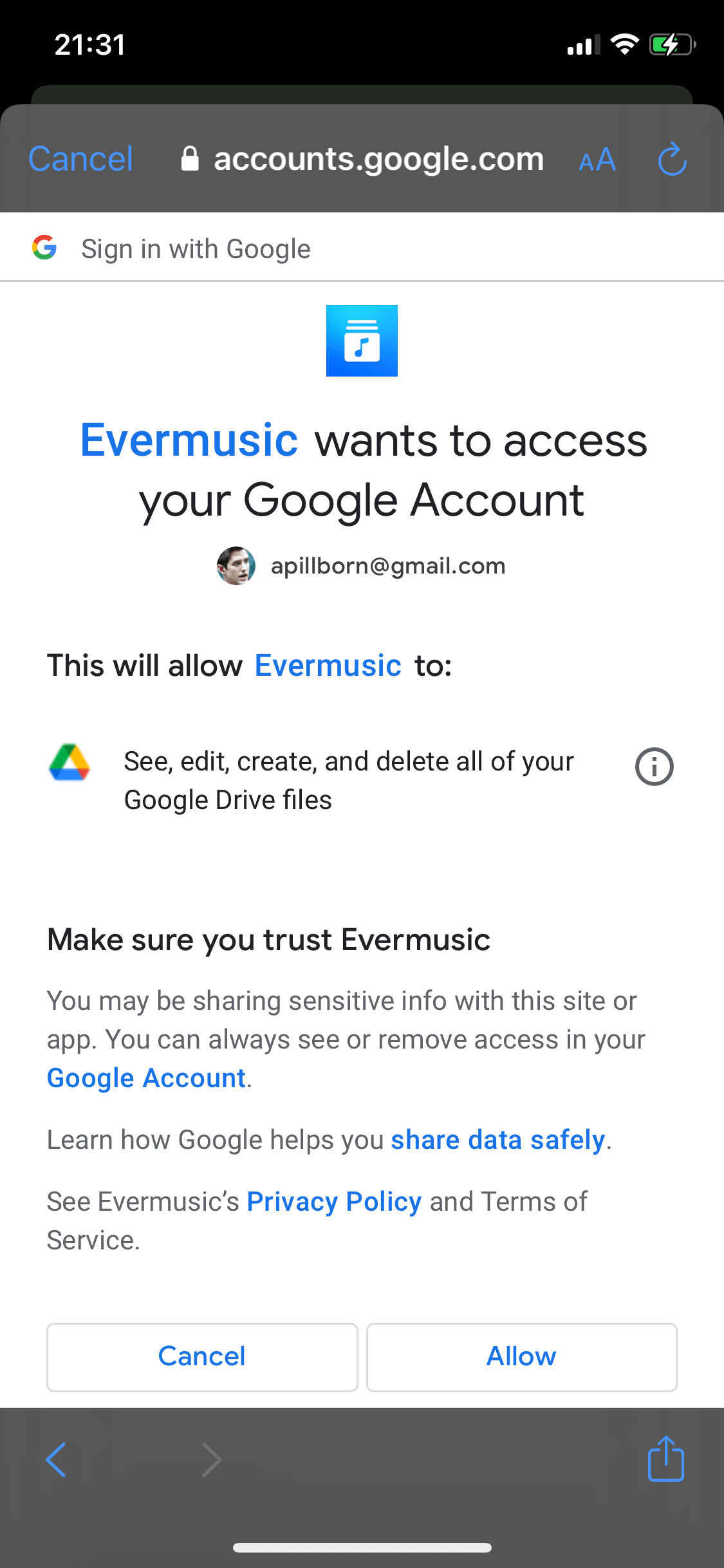 Evermusic: Allow Permissions for Cloud Service