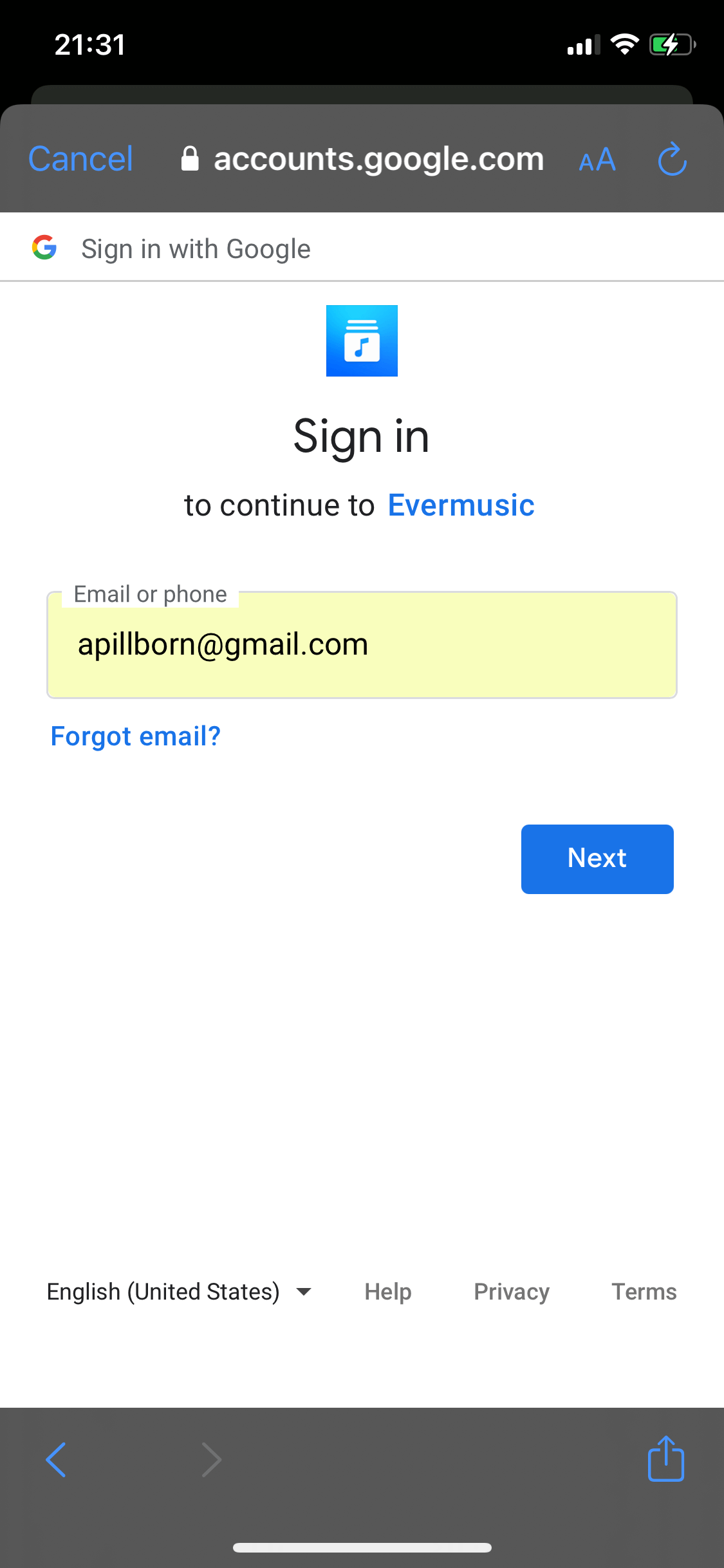 Evermusic: Enter Login Password for a Cloud Service