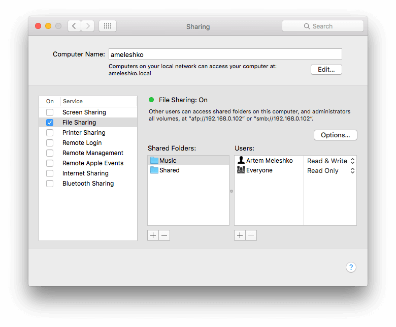 Evermusic - SMB Support - File Sharing Screen