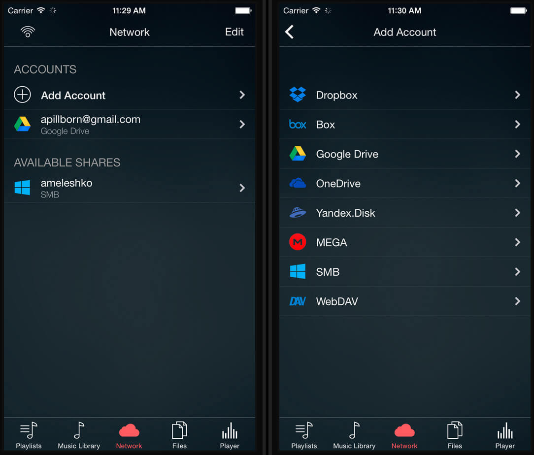 Evermusic - SMB Support - Connect Account Screen
